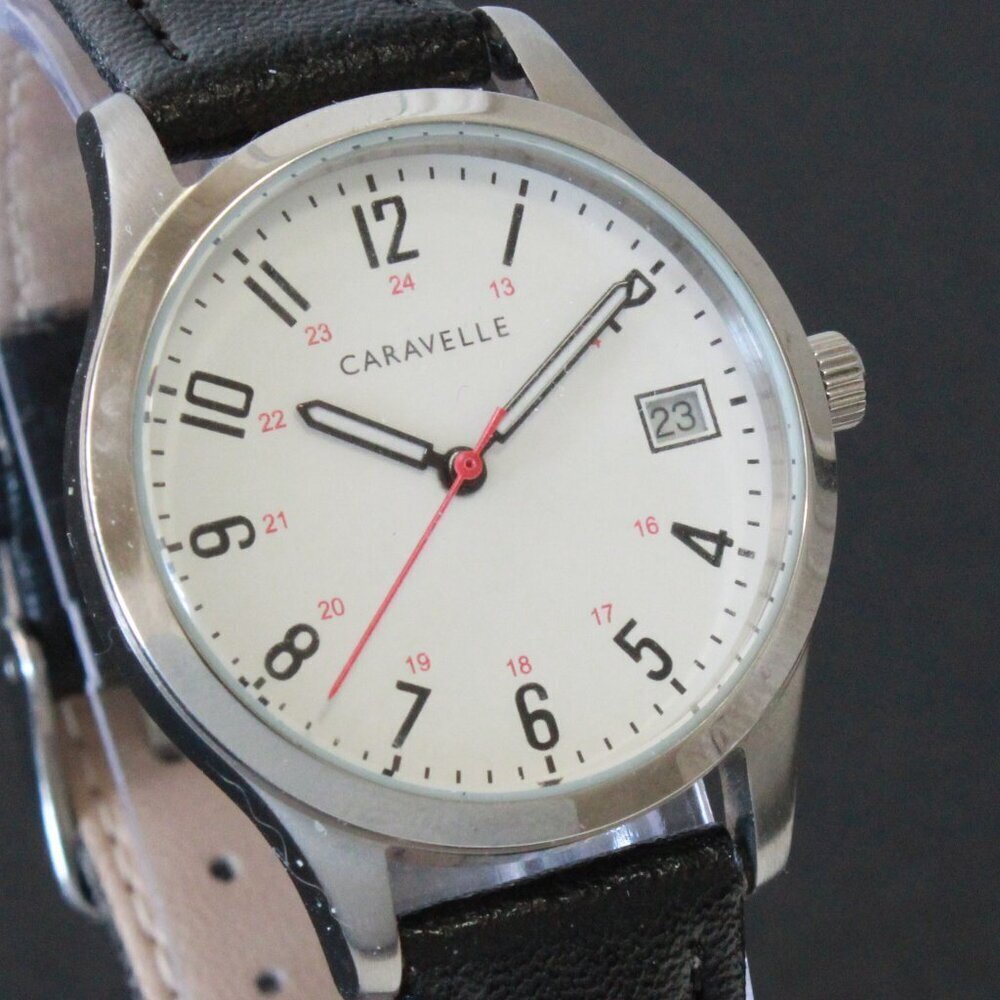 Caravelle Ladies Easy Reader By Bulova Black On White Dial Black Leather 30mm - Picture 8 of 10